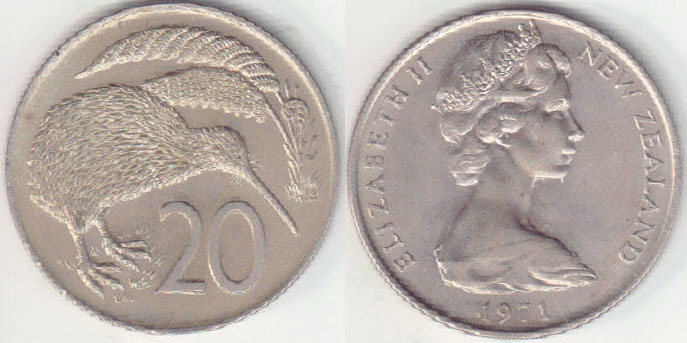 1971 New Zealand 20 Cents (Unc) A004324